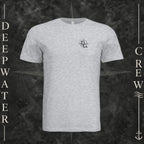 Ash Deepwater Crew Co. Fast & Free crewneck T-shirt, front view with small DC compass crest chest logo.