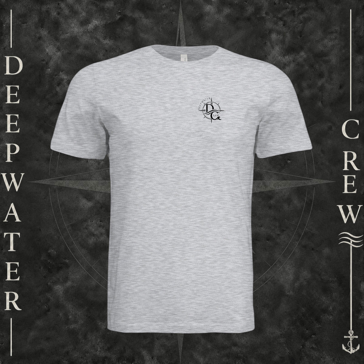 Ash Deepwater Crew Co. Fast & Free crewneck T-shirt, front view with small DC compass crest chest logo.
