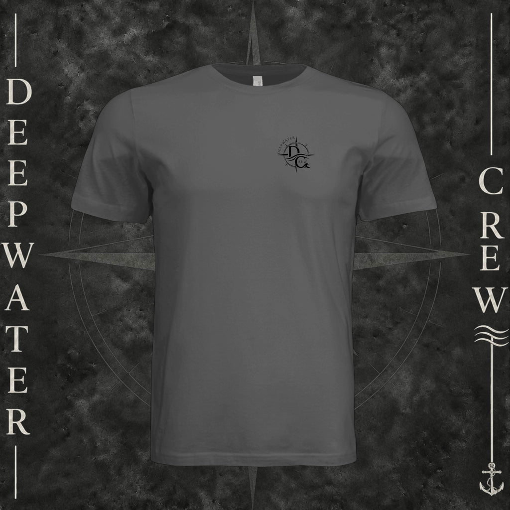 Asphalt Deepwater Crew Co. Fast & Free crewneck T-shirt, front view with small DC compass crest chest logo.