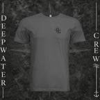 Asphalt Deepwater Crew Co. Fast & Free crewneck T-shirt, front view with small DC compass crest chest logo.