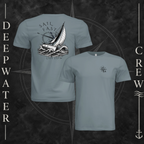 Blue Storm Deepwater Crew Co. Fast & Free crewneck T-shirt showing front and back views, with small DC compass chest logo and large sailboat, ocean wave, and compass graphic featuring “Sail Fast Live Slow” lettering.