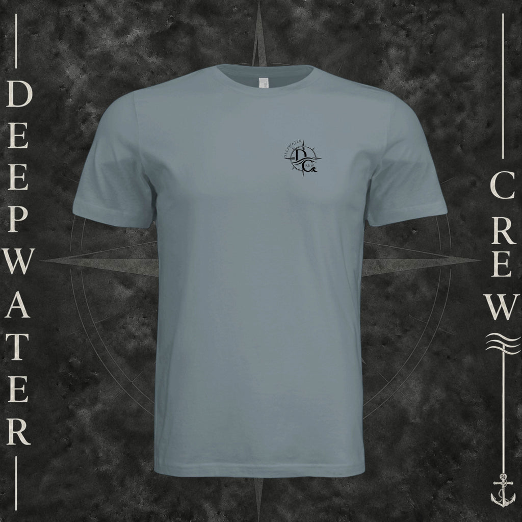 Blue Storm Deepwater Crew Co. Fast & Free crewneck T-shirt, front view with small DC compass crest chest logo.