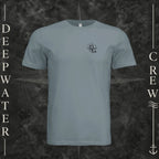 Blue Storm Deepwater Crew Co. Fast & Free crewneck T-shirt, front view with small DC compass crest chest logo.