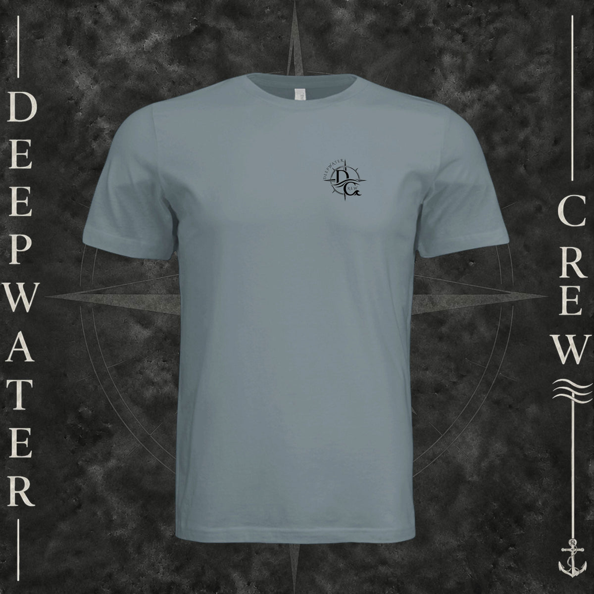Blue Storm Deepwater Crew Co. Fast & Free crewneck T-shirt, front view with small DC compass crest chest logo.