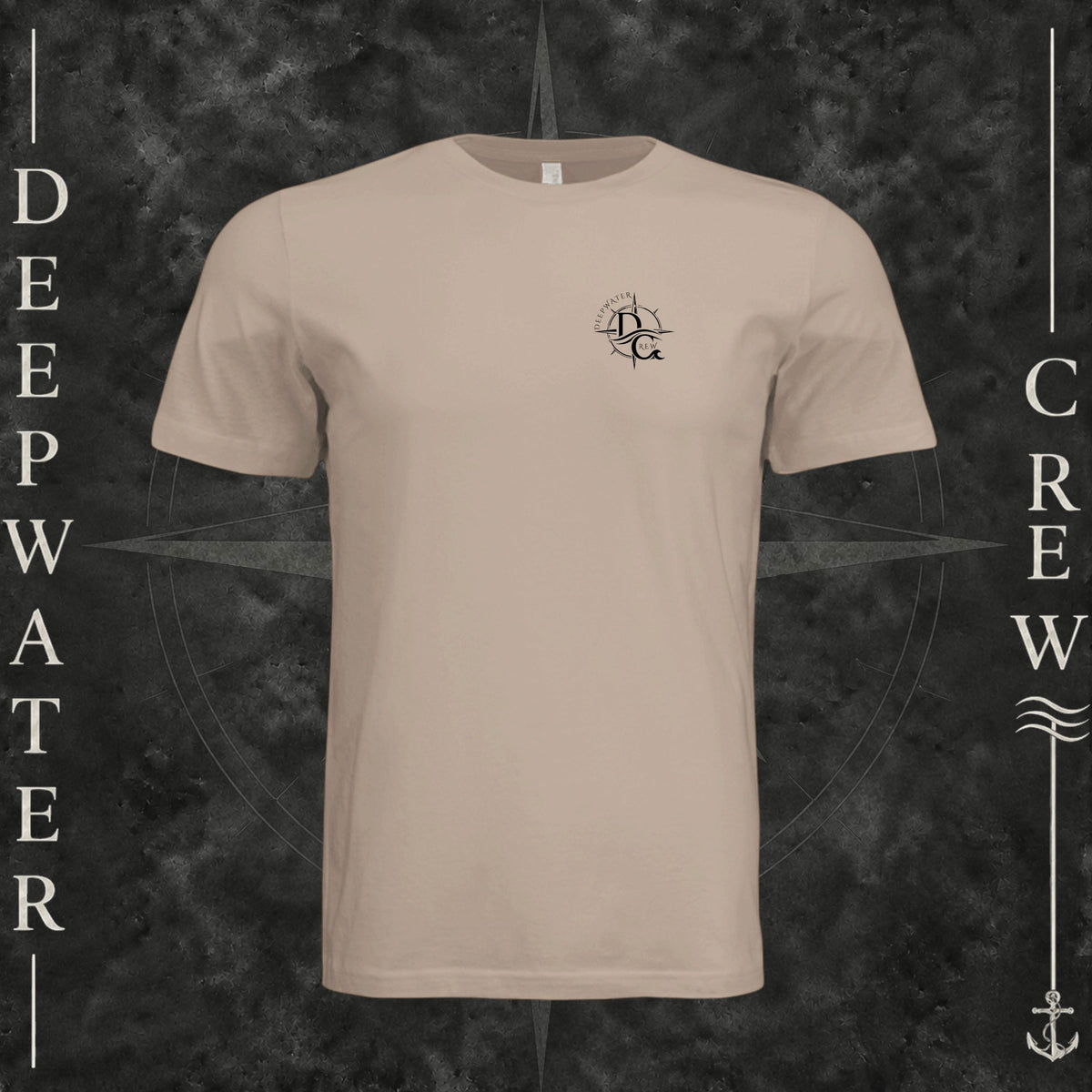 Dust Deepwater Crew Co. Fast & Free crewneck T-shirt, front view with small DC compass crest chest logo.