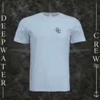 Light Blue Deepwater Crew Co. Fast & Free crewneck T-shirt, front view with small DC compass crest chest logo.