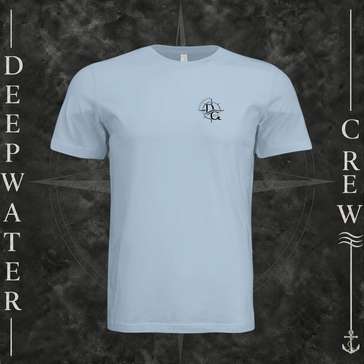 Light Blue Deepwater Crew Co. Fast & Free crewneck T-shirt, front view with small DC compass crest chest logo.