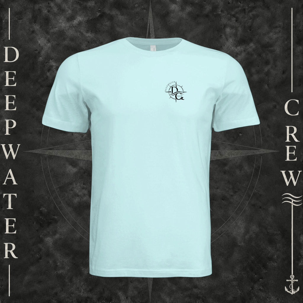 Mint Deepwater Crew Co. Fast & Free crewneck T-shirt, front view with small DC compass crest chest logo.