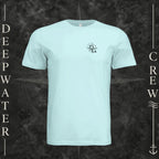 Mint Deepwater Crew Co. Fast & Free crewneck T-shirt, front view with small DC compass crest chest logo.