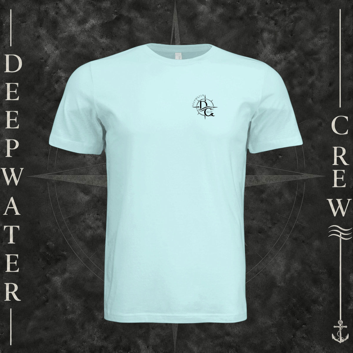 Mint Deepwater Crew Co. Fast & Free crewneck T-shirt, front view with small DC compass crest chest logo.