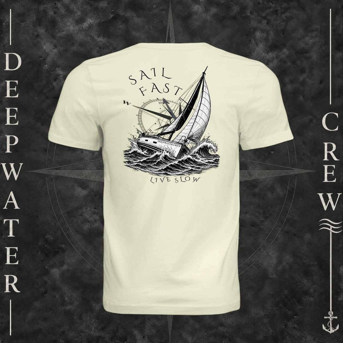 Natural Deepwater Crew Co. Fast & Free crewneck T-shirt, back view with large sailboat, ocean wave and compass graphic featuring “Sail Fast Live Slow” lettering.