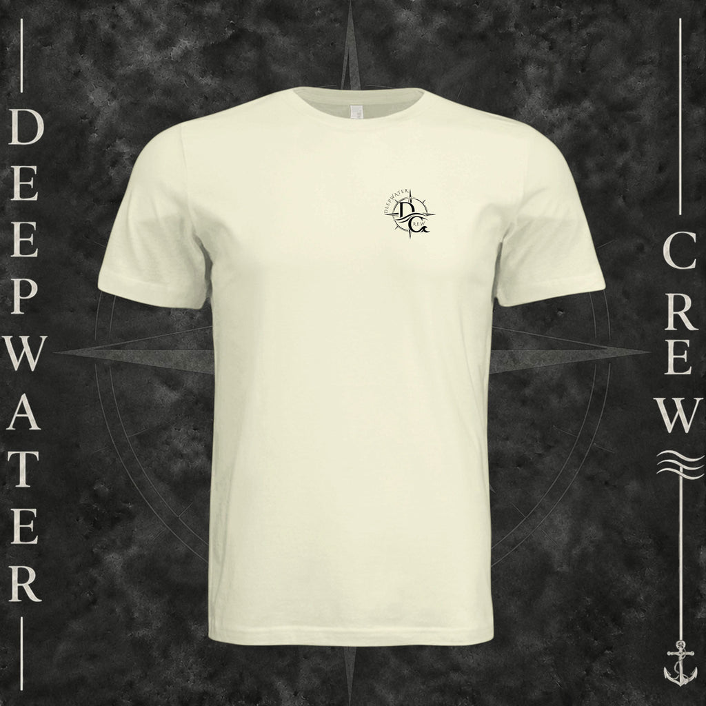 Natural Deepwater Crew Co. Fast & Free crewneck T-shirt, front view with small DC compass crest chest logo.