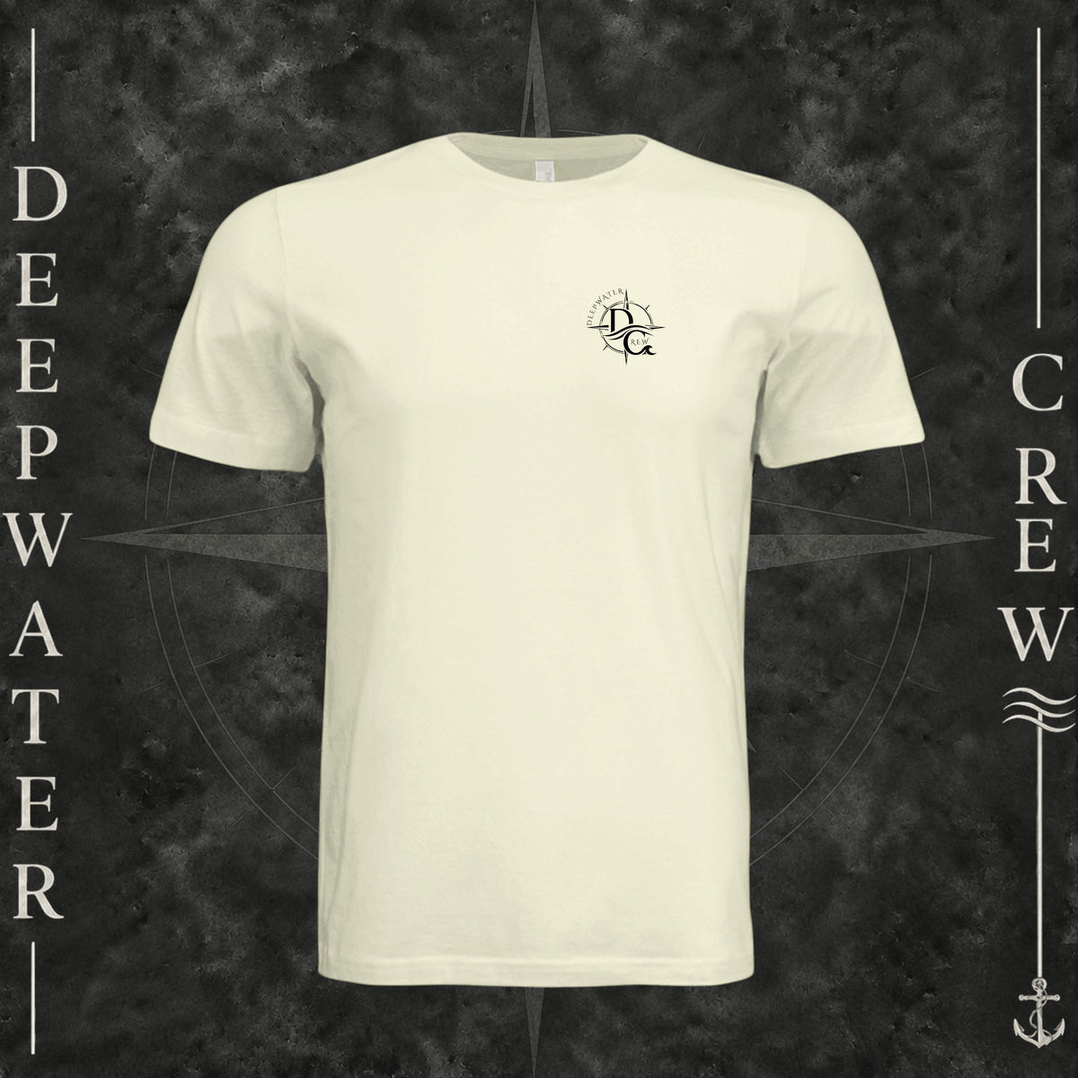 Natural Deepwater Crew Co. Fast & Free crewneck T-shirt, front view with small DC compass crest chest logo.