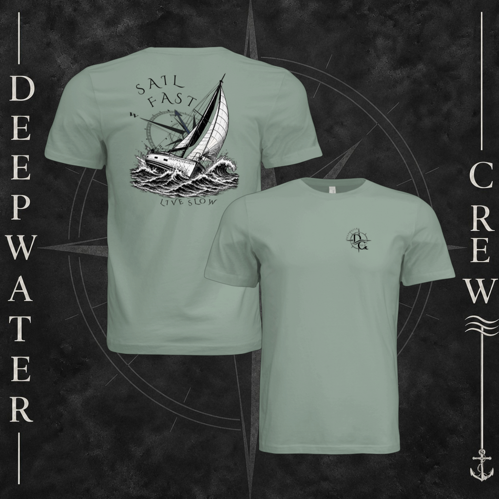 Sage Deepwater Crew Co. Fast & Free crewneck T-shirt showing front and back views, with small DC compass chest logo and large sailboat, ocean wave, and compass graphic featuring “Sail Fast Live Slow” lettering.