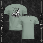 Sage Deepwater Crew Co. Fast & Free crewneck T-shirt showing front and back views, with small DC compass chest logo and large sailboat, ocean wave, and compass graphic featuring “Sail Fast Live Slow” lettering.