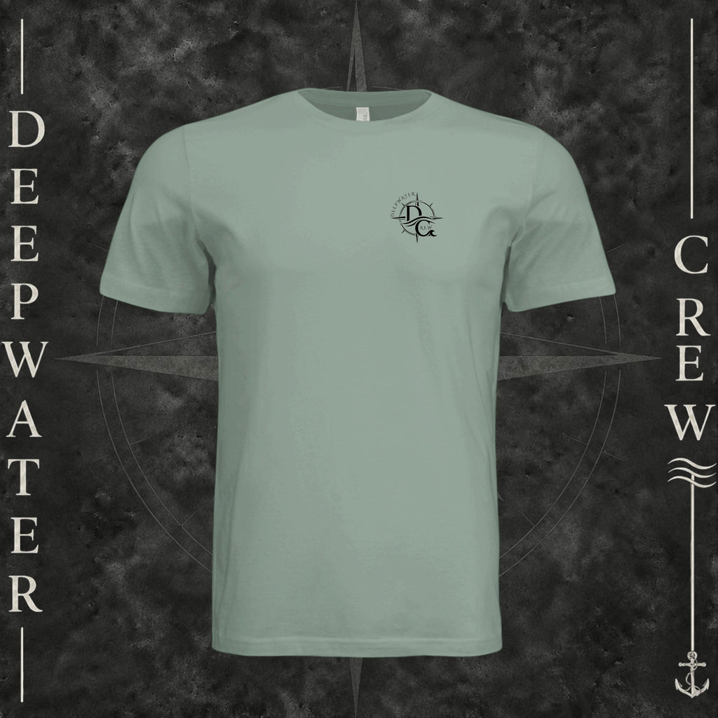 Sage Deepwater Crew Co. Fast & Free crewneck T-shirt, front view with small DC compass crest chest logo.