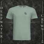 Sage Deepwater Crew Co. Fast & Free crewneck T-shirt, front view with small DC compass crest chest logo.