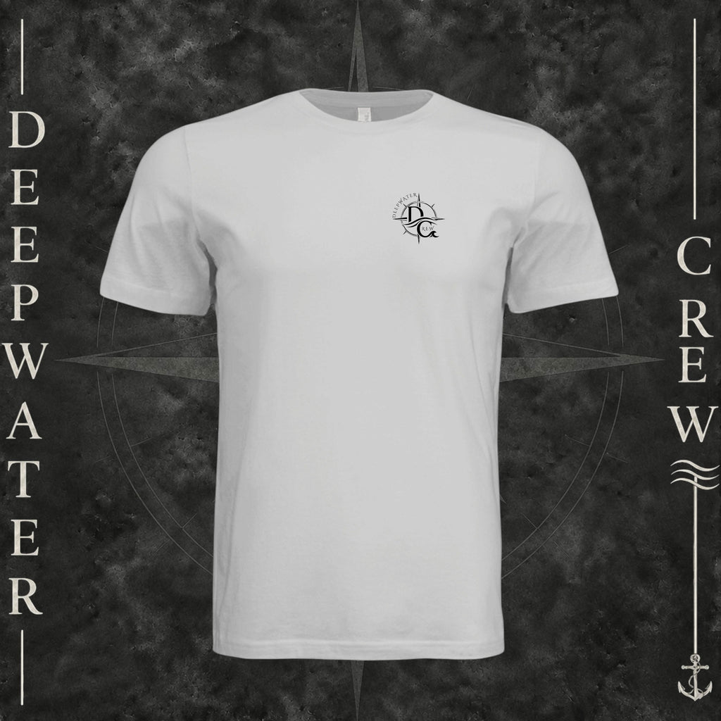 Silver Deepwater Crew Co. Fast & Free crewneck T-shirt, front view with small DC compass crest chest logo.