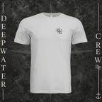 Silver Deepwater Crew Co. Fast & Free crewneck T-shirt, front view with small DC compass crest chest logo.