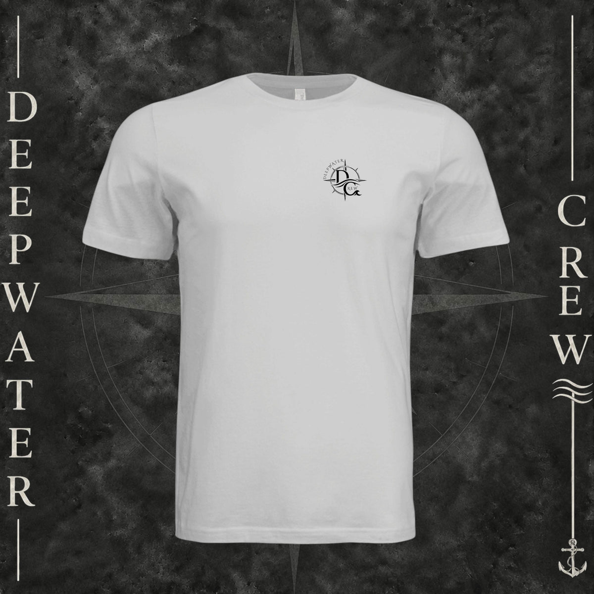 Silver Deepwater Crew Co. Fast & Free crewneck T-shirt, front view with small DC compass crest chest logo.