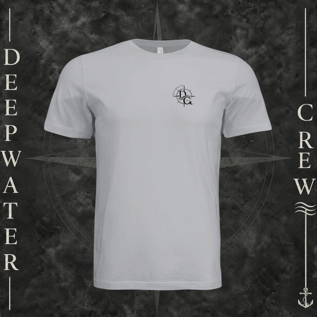 Solid Athletic Grey Deepwater Crew Co. Fast & Free crewneck T-shirt, front view with small DC compass crest chest logo.