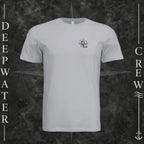Solid Athletic Grey Deepwater Crew Co. Fast & Free crewneck T-shirt, front view with small DC compass crest chest logo.