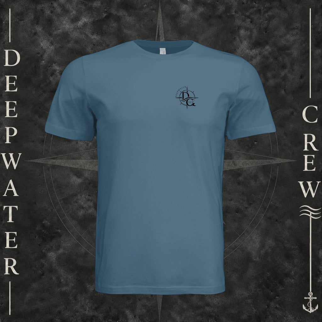 Steel Blue Deepwater Crew Co. Fast & Free crewneck T-shirt, front view with small DC compass crest chest logo.