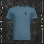 Steel Blue Deepwater Crew Co. Fast & Free crewneck T-shirt, front view with small DC compass crest chest logo.
