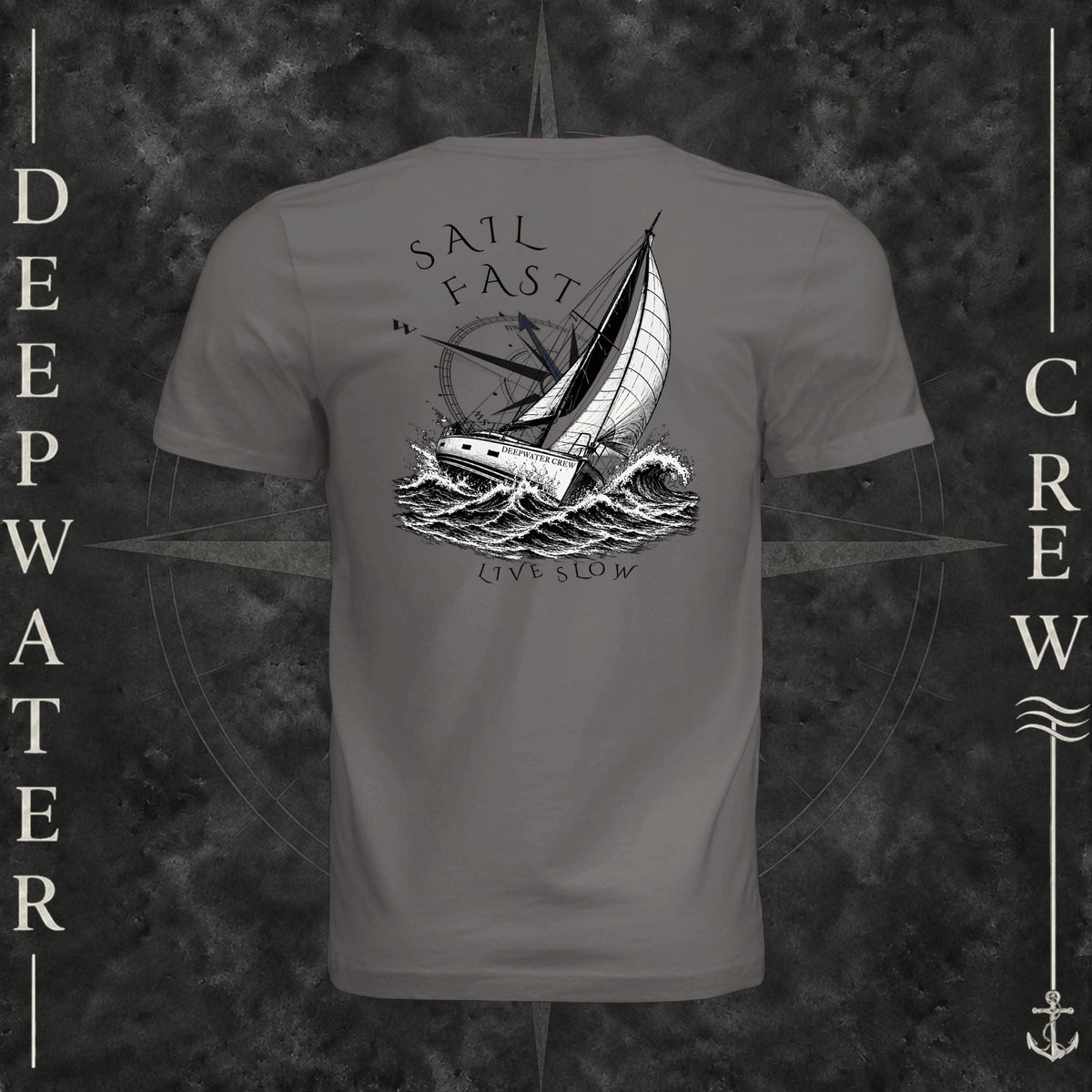 Storm Deepwater Crew Co. Fast & Free crewneck T-shirt, back view with large sailboat, ocean wave and compass graphic featuring “Sail Fast Live Slow” lettering.