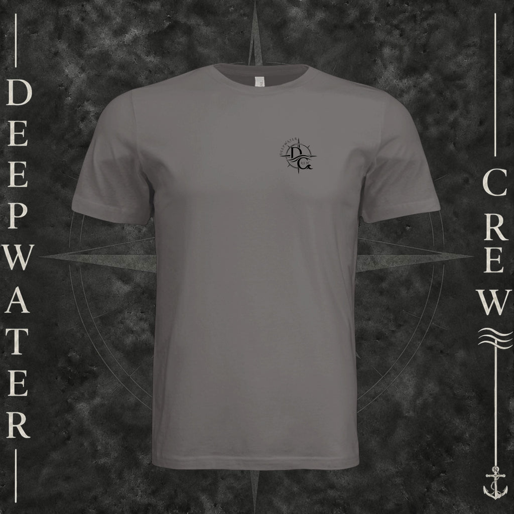 Storm Deepwater Crew Co. Fast & Free crewneck T-shirt, front view with small DC compass crest chest logo.