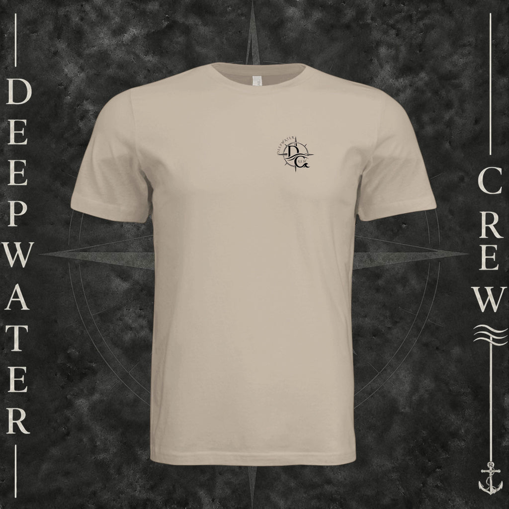 Tan Deepwater Crew Co. Fast & Free crewneck T-shirt, front view with small DC compass crest chest logo.