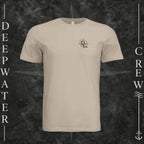 Tan Deepwater Crew Co. Fast & Free crewneck T-shirt, front view with small DC compass crest chest logo.