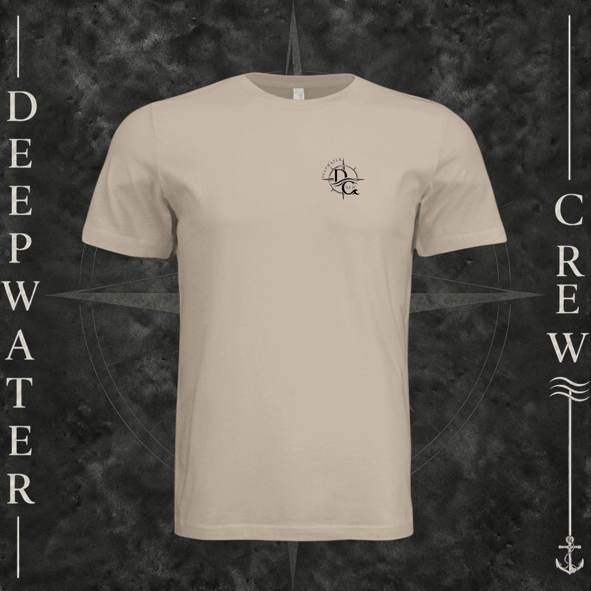 Tan Deepwater Crew Co. Fast & Free crewneck T-shirt, front view with small DC compass crest chest logo.