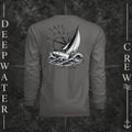 Graphite Deepwater Crew Co. Fast & Free UPF 44+ long-sleeve performance shirt, back view with large sailboat, ocean wave and compass graphic featuring “Sail Fast Live Slow” lettering.