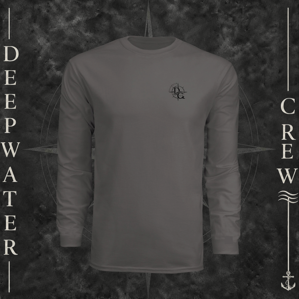 Graphite Deepwater Crew Co. Fast & Free UPF 44+ long-sleeve performance shirt, front view with small DC compass crest chest logo.