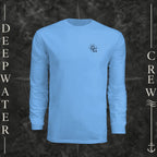 Light Blue Deepwater Crew Co. Fast & Free UPF 44+ long-sleeve performance shirt, front view with small DC compass crest chest logo.