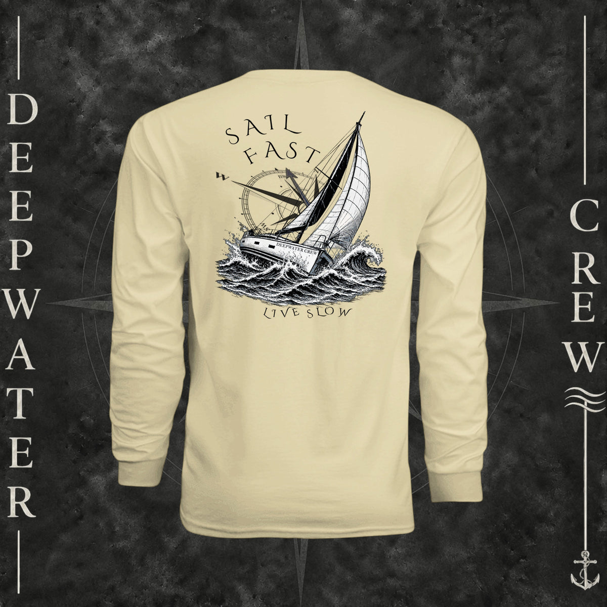 Light Yellow Deepwater Crew Co. Fast & Free UPF 44+ long-sleeve performance shirt, back view with large sailboat, ocean wave and compass graphic featuring “Sail Fast Live Slow” lettering.