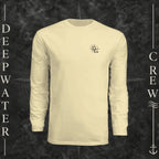 Light Yellow Deepwater Crew Co. Fast & Free UPF 44+ long-sleeve performance shirt, front view with small DC compass crest chest logo.