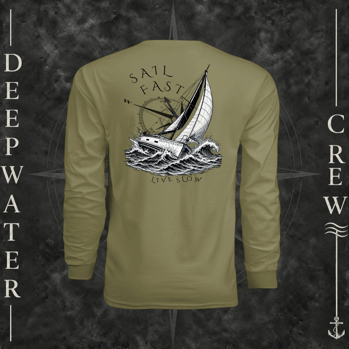 Olive Deepwater Crew Co. Fast & Free UPF 44+ long-sleeve performance shirt, back view with large sailboat, ocean wave and compass graphic featuring “Sail Fast Live Slow” lettering.