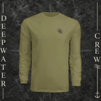 Olive Deepwater Crew Co. Fast & Free UPF 44+ long-sleeve performance shirt, front view with small DC compass crest chest logo.