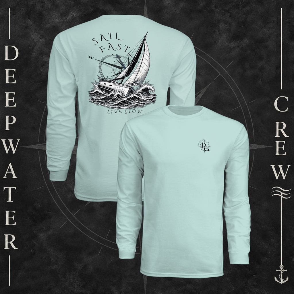 Pastel Mint Deepwater Crew Co. Fast & Free UPF 44+ long-sleeve performance shirt showing front and back views, with small DC compass chest logo and large sailboat, ocean wave, and compass graphic featuring “Sail Fast Live Slow” lettering.