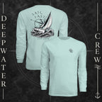 Pastel Mint Deepwater Crew Co. Fast & Free UPF 44+ long-sleeve performance shirt showing front and back views, with small DC compass chest logo and large sailboat, ocean wave, and compass graphic featuring “Sail Fast Live Slow” lettering.