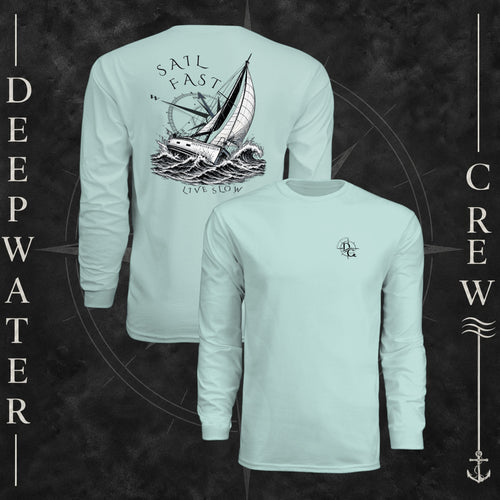 Pastel Mint Deepwater Crew Co. Fast & Free UPF 44+ long-sleeve performance shirt showing front and back views, with small DC compass chest logo and large sailboat, ocean wave, and compass graphic featuring “Sail Fast Live Slow” lettering.