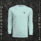 Pastel Mint Deepwater Crew Co. Fast & Free UPF 44+ long-sleeve performance shirt, front view with small DC compass crest chest logo.
