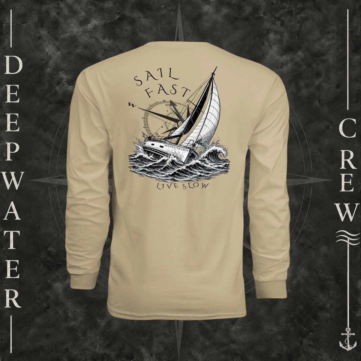 Sand Deepwater Crew Co. Fast & Free UPF 44+ long-sleeve performance shirt, back view with large sailboat, ocean wave and compass graphic featuring “Sail Fast Live Slow” lettering.