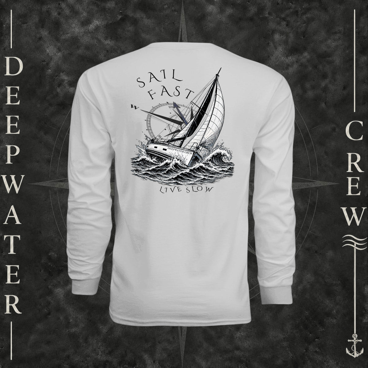 Silver Deepwater Crew Co. Fast & Free UPF 44+ long-sleeve performance shirt, back view with large sailboat, ocean wave and compass graphic featuring “Sail Fast Live Slow” lettering.
