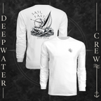 White Deepwater Crew Co. Fast & Free UPF 44+ long-sleeve performance shirt showing front and back views, with small DC compass chest logo and large sailboat, ocean wave, and compass graphic featuring “Sail Fast Live Slow” lettering.