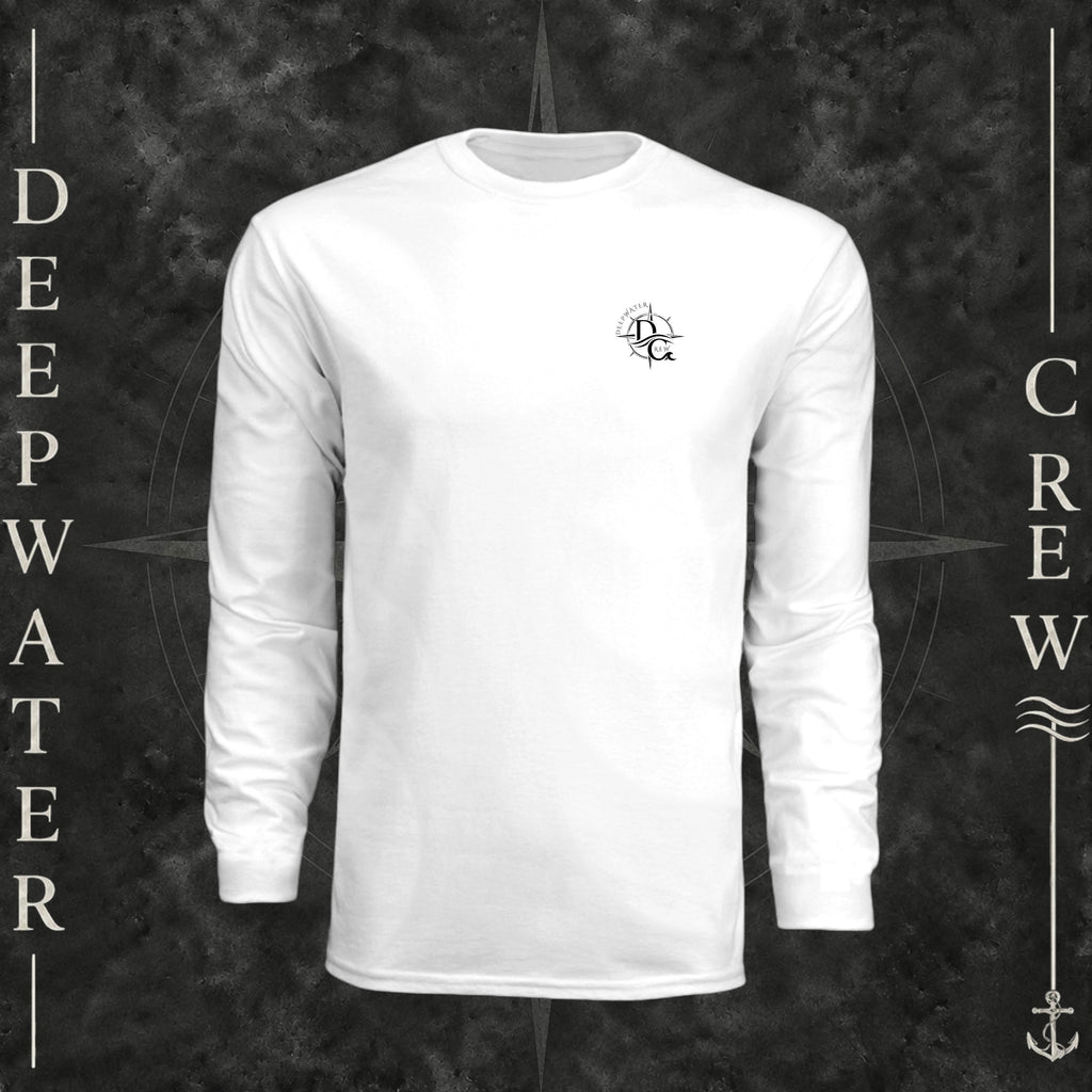 White Deepwater Crew Co. Fast & Free UPF 44+ long-sleeve performance shirt, front view with small DC compass crest chest logo.