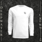 White Deepwater Crew Co. Fast & Free UPF 44+ long-sleeve performance shirt, front view with small DC compass crest chest logo.