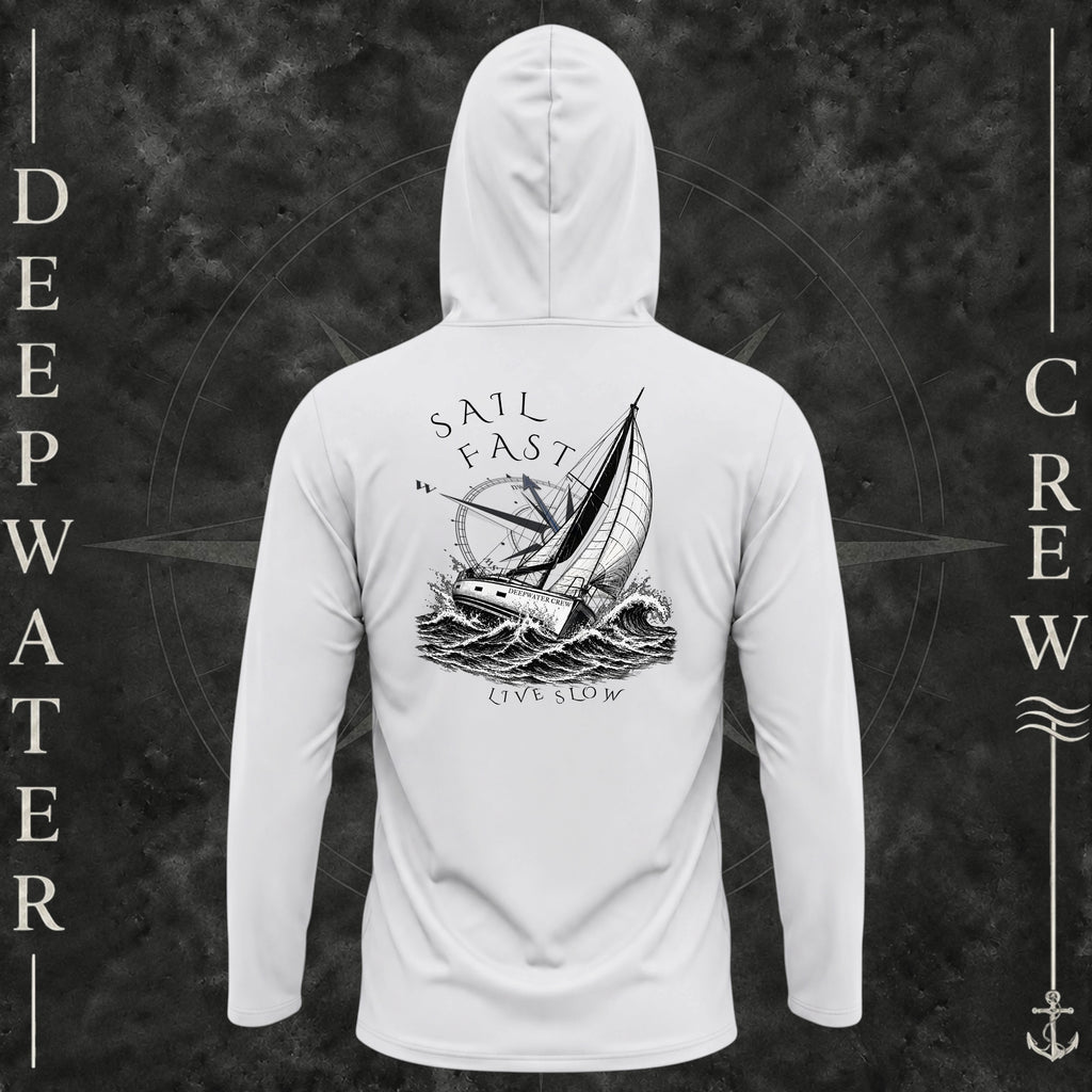 Aluminum Deepwater Crew Co. Fast & Free UPF 50+ performance hoodie, back view with large sailboat, ocean wave and compass graphic featuring “Sail Fast Live Slow” lettering.